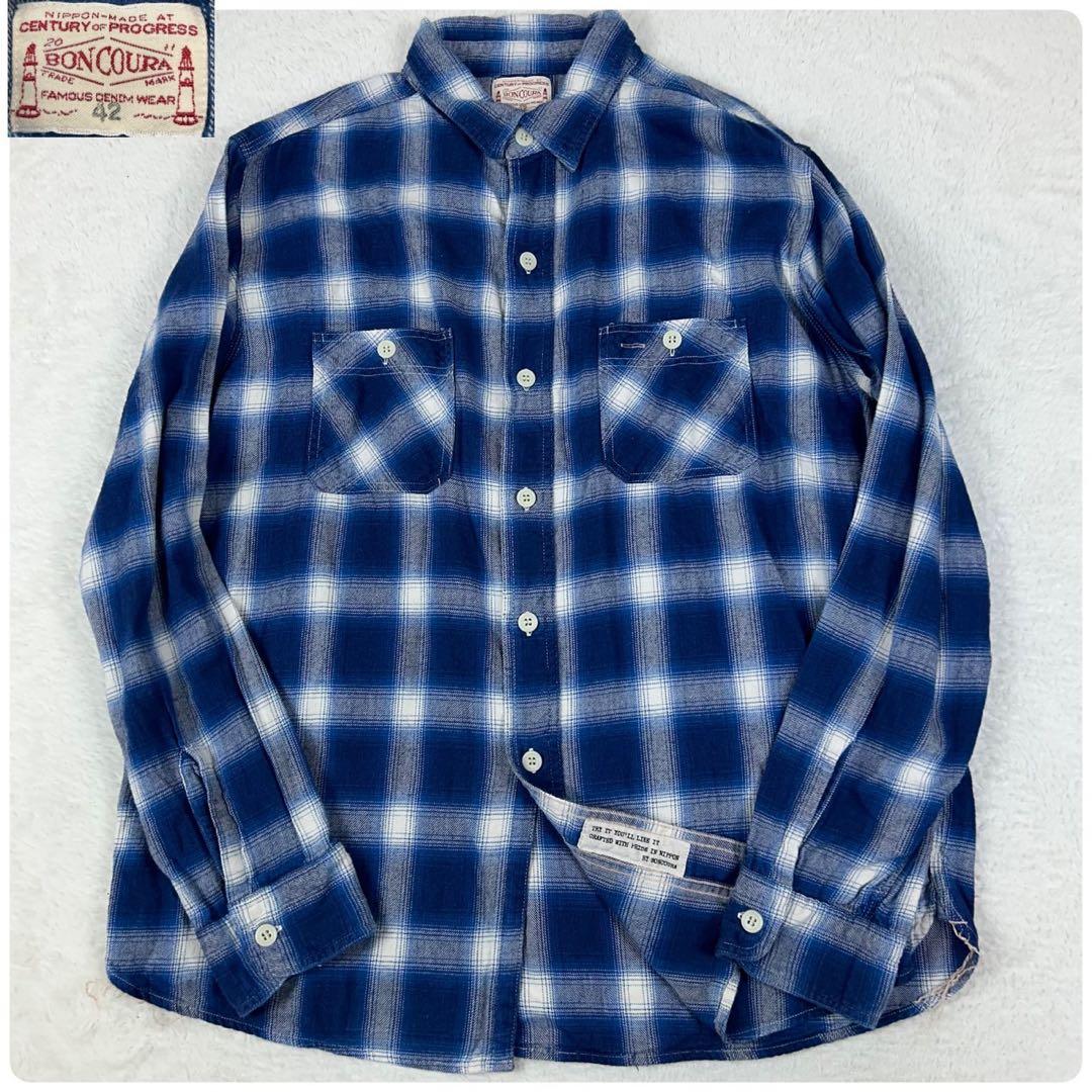 XLサイズ BONCOURA ネルシャツ オンブレチェック 日本製 size42 - メルカリ