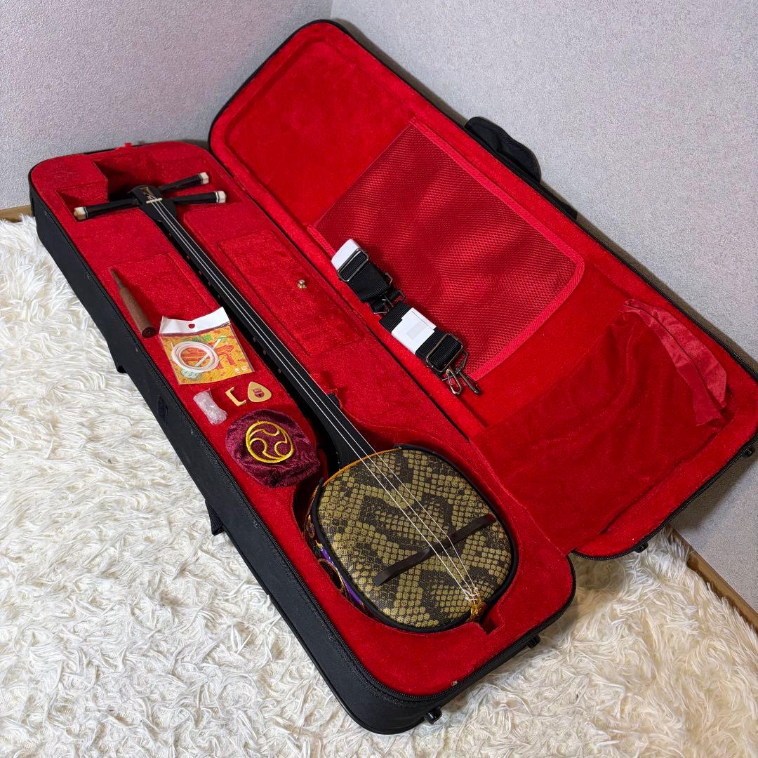 極美品】沖縄三線 真壁型 合皮 人工皮 セミハードケース付 付属品多数