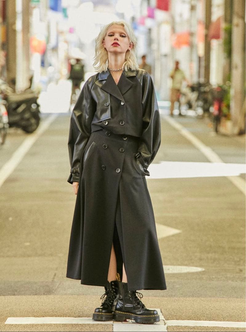 フェイクレザードッキングスリーブ3wayコート ジュエティ jouetie 黒