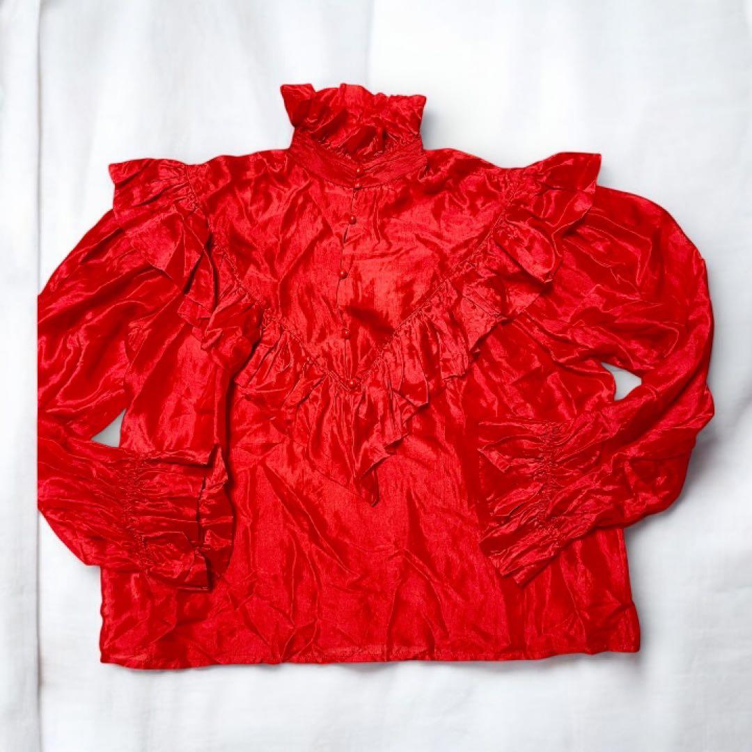 美品 クリスチャンディオール シルク100% パーティーブラウス フリル レッド