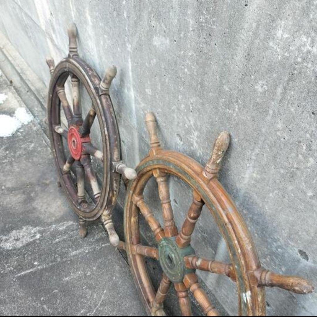 大きな船の木製舵 107cm アンティーク 8本ハンドル操舵輪 2個まとめて