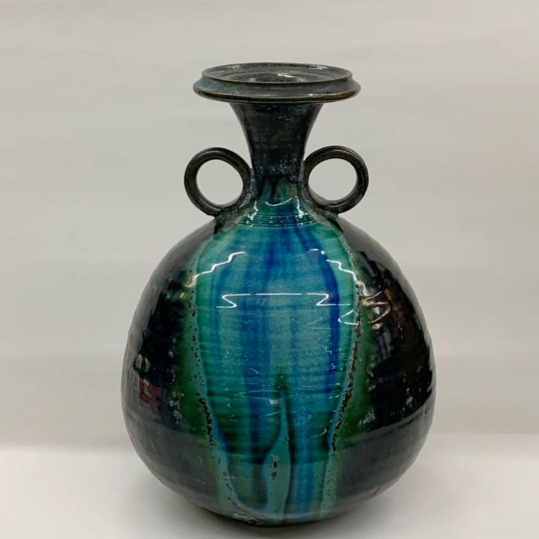 【花入れ15】青銅釉　加藤宇助　　高さ25㎝ Yahoo!オークション -「加藤宇助」の落札相場・落札価格