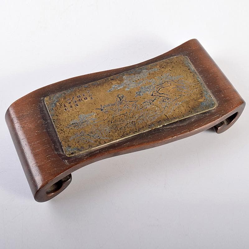 中国　唐木紫檀製　在銘漢詩山水人物文銅天板　墨床　墨台　C　7804E