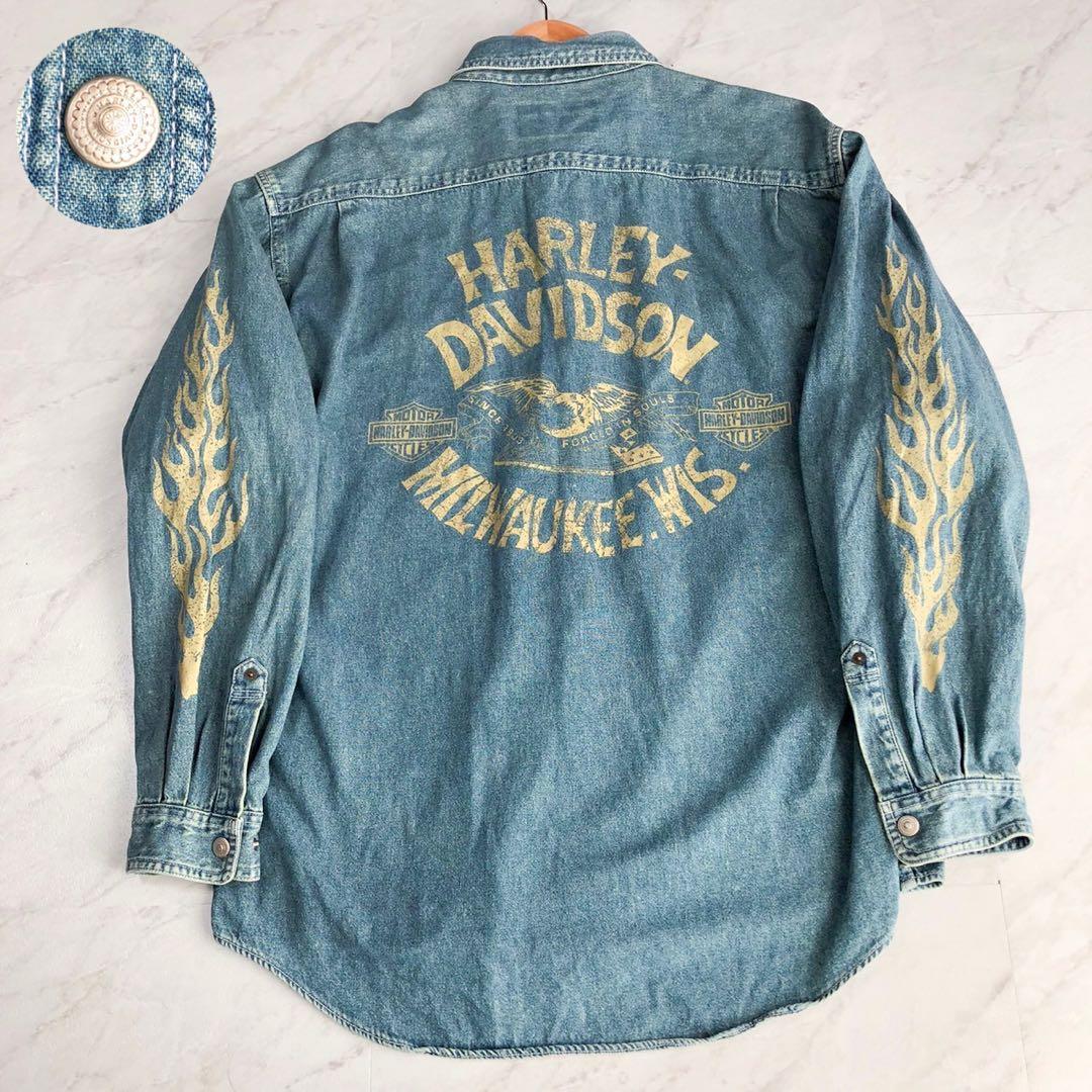 【美品】ハーレーダビットソン デニムシャツ ファイヤーパターン コンチョ LB