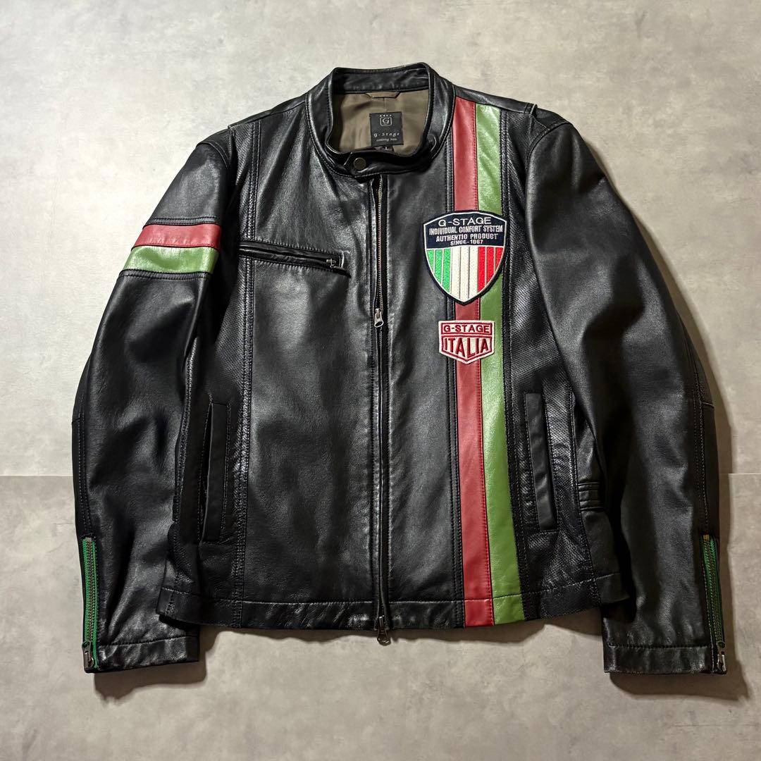 イタリアカラー ワッペン G-STAGE 羊革 短丈 ライダースジャケット L