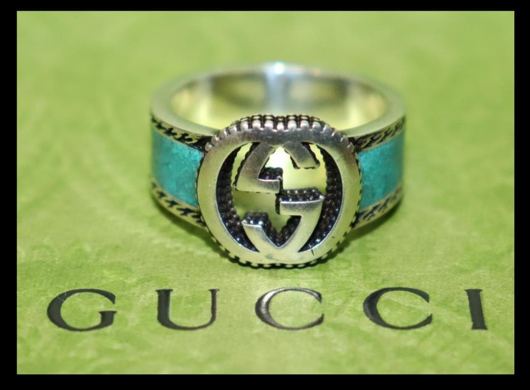 新品 GUCCI インターロッキングG リング ターコイズ エナメル 18号