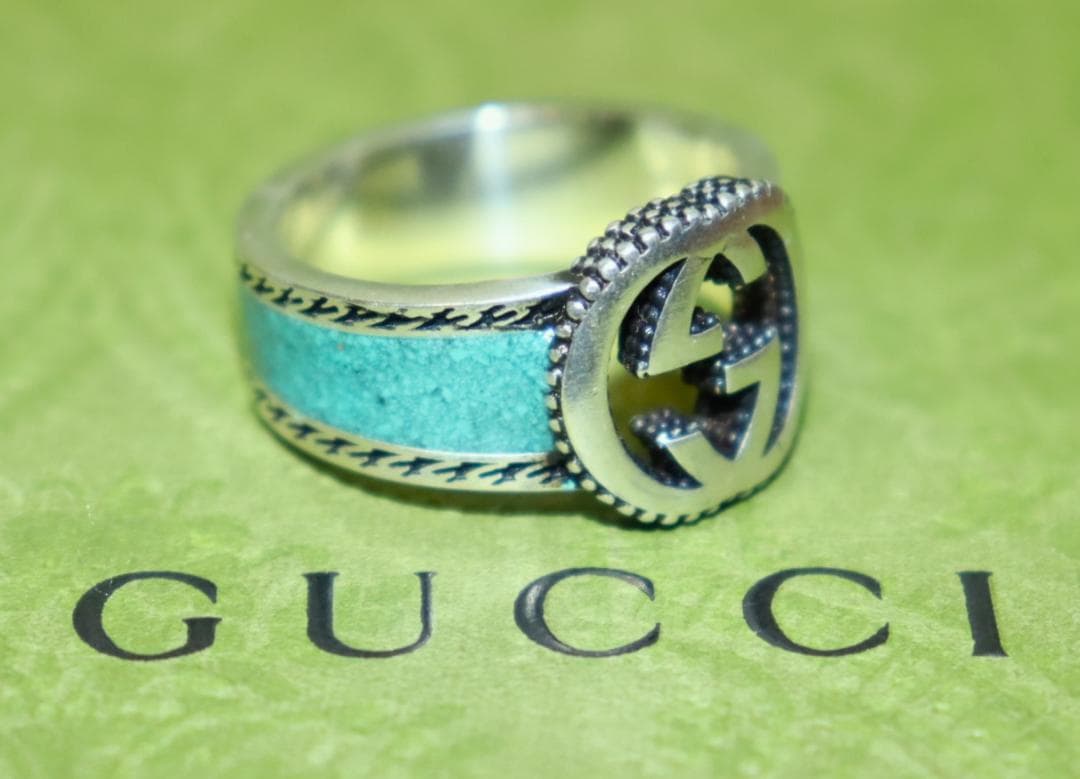 新品 GUCCI インターロッキングG リング ターコイズ エナメル 18号