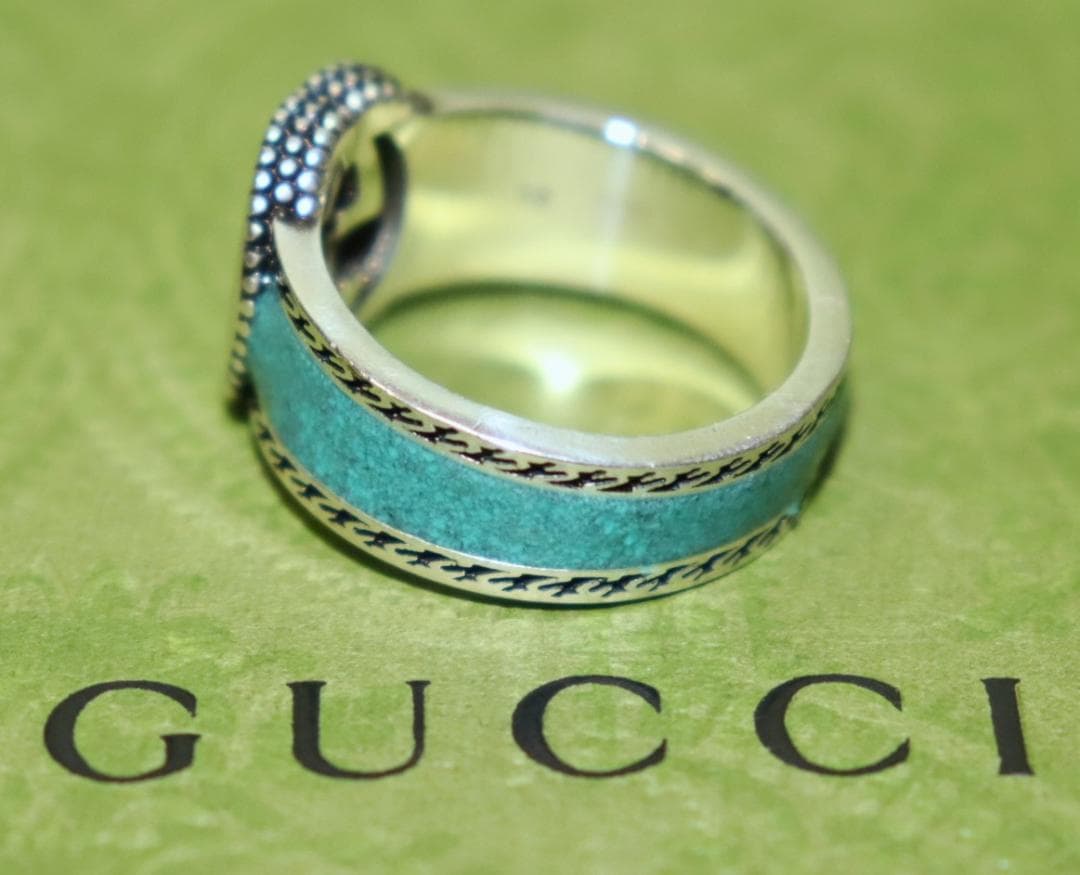 新品 GUCCI インターロッキングG リング ターコイズ エナメル 18号