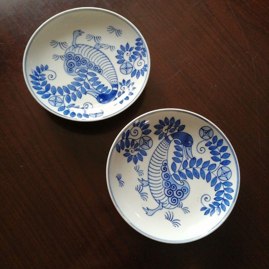 瀬戸焼　千峰園製　染付鴨画高台皿　2枚　15.2cm　明治〜昭和初期