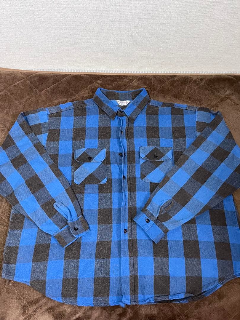 70s 80s USA製 five brother ネルシャツ 青