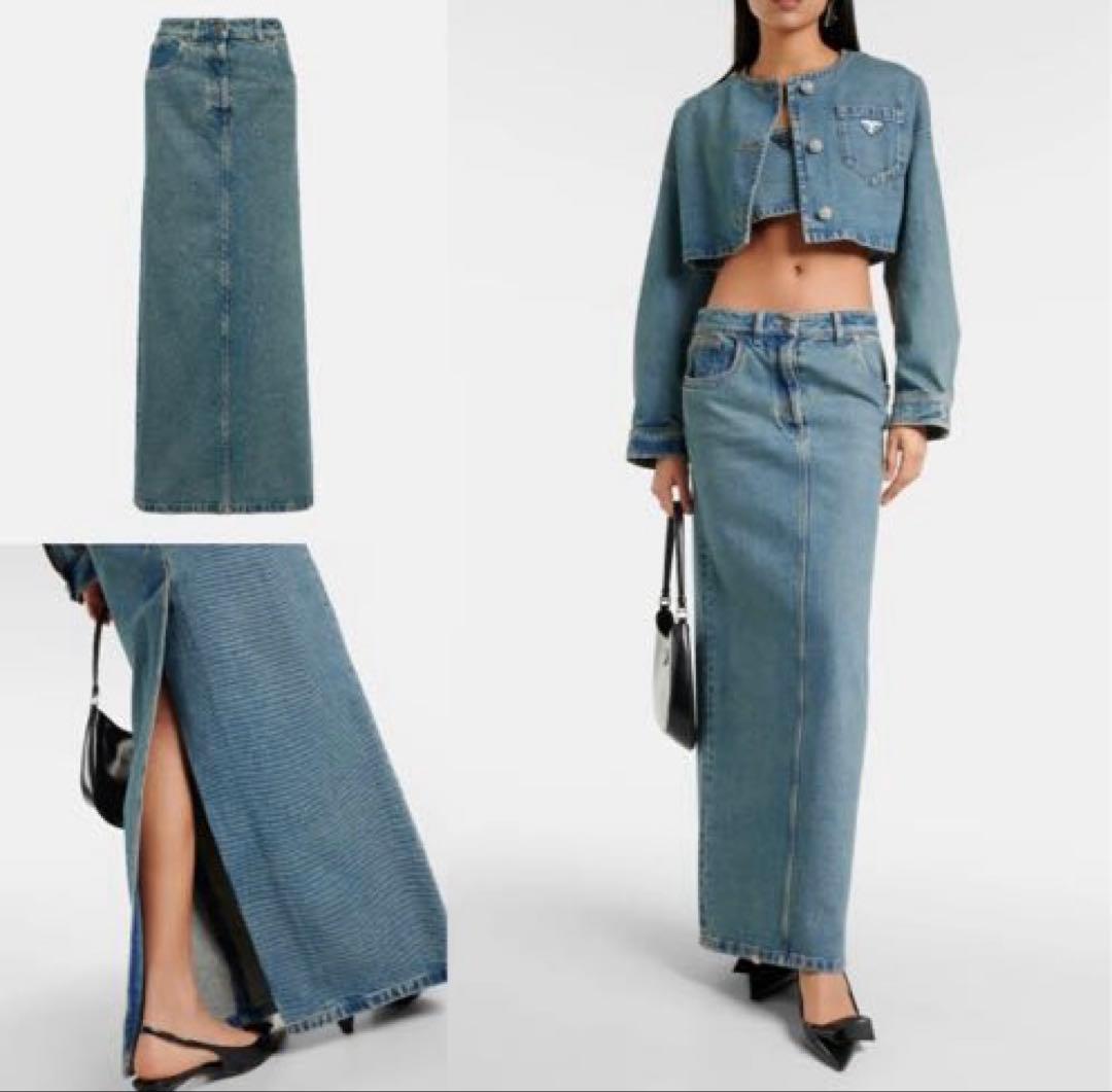 【試着のみ】PRADA プラダ　バックロゴ付デニムマキシ丈スカート PRADA プラダ スカート ロゴプレート デニム ハイライズ ミディアム 白