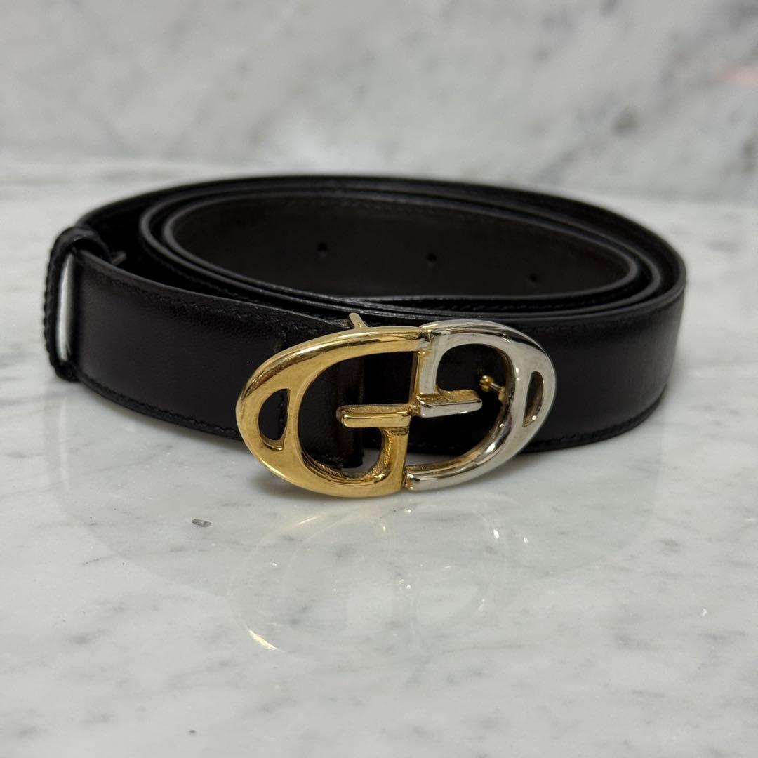 80s GUCCI グッチ ベルト 本革 レザー ブラック GG 銀 金 細幅