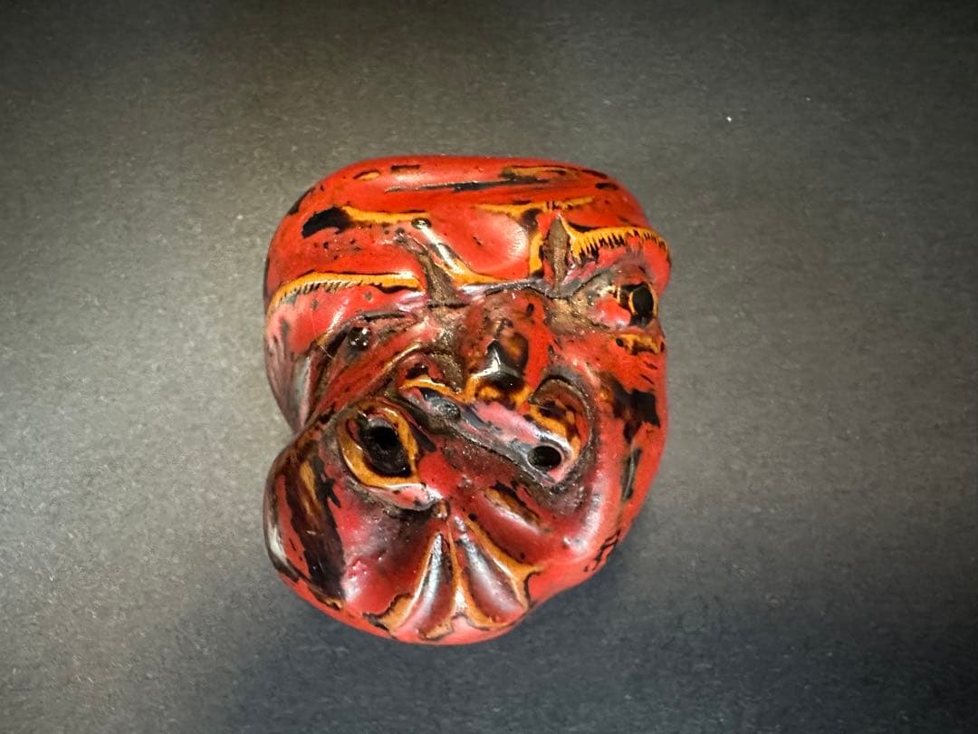 【根付(netsuke)】赤茶色の顔(面)の根付　木製　江戸時代 鬼仮面根付 Netsuke of Demon with a Mask】江戸時代