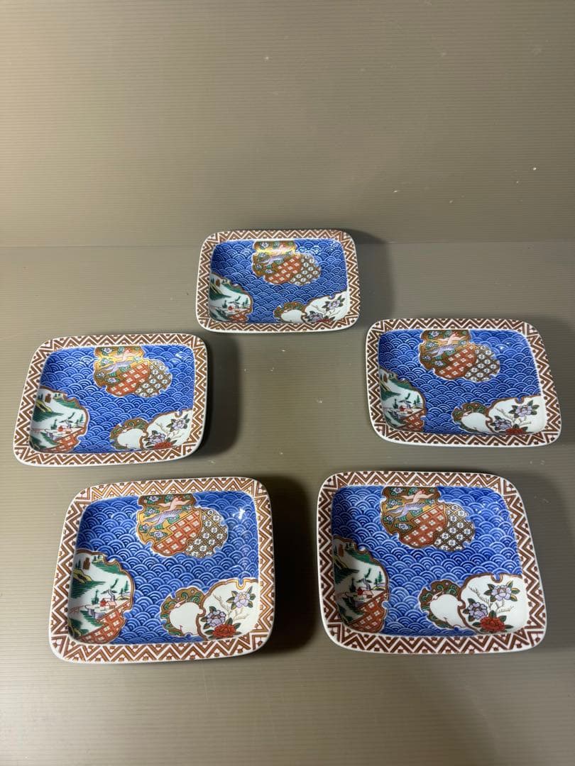2367 林九郎窯 古伊万里風 青海波地紋雪輪 銘々皿５枚組 波佐見焼　未使用