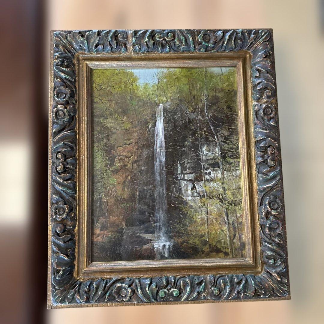 滝の風景 油彩画 フレーム付き