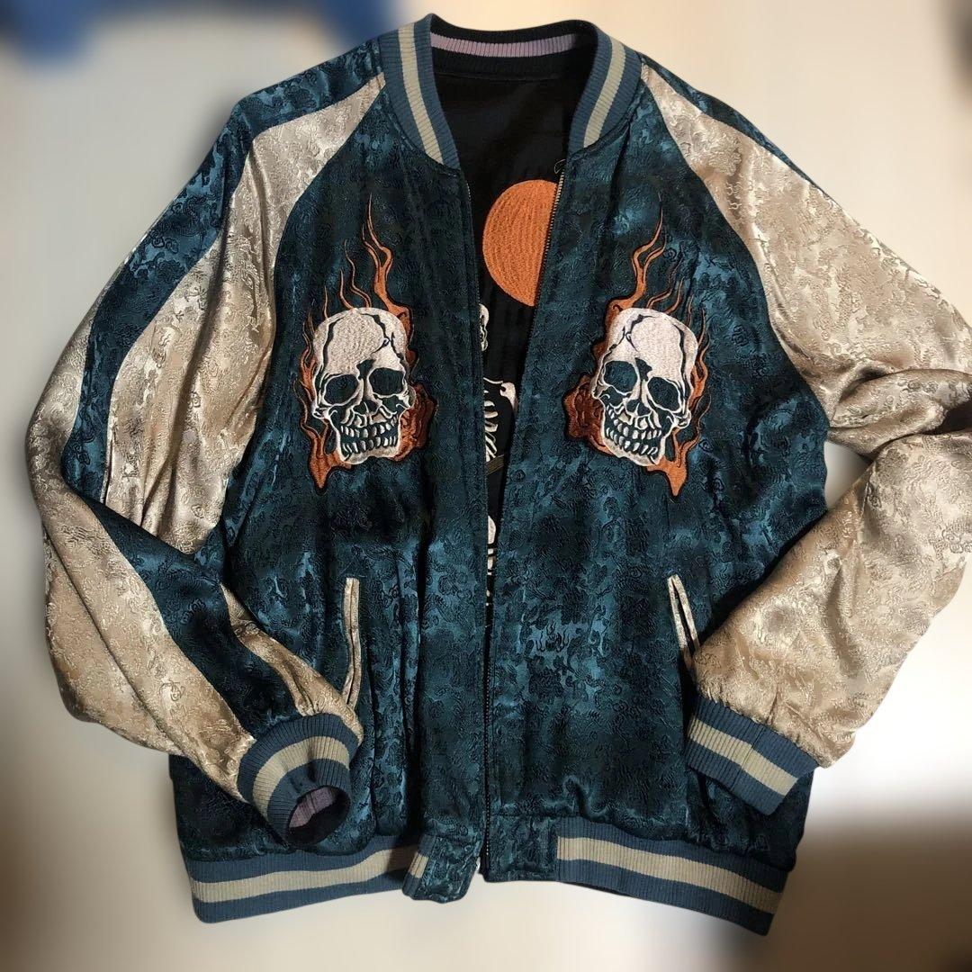 ✨希少✨花旅楽団 スカジャン リバーシブル 刺繍 和柄 桜 スカル 黒 青系