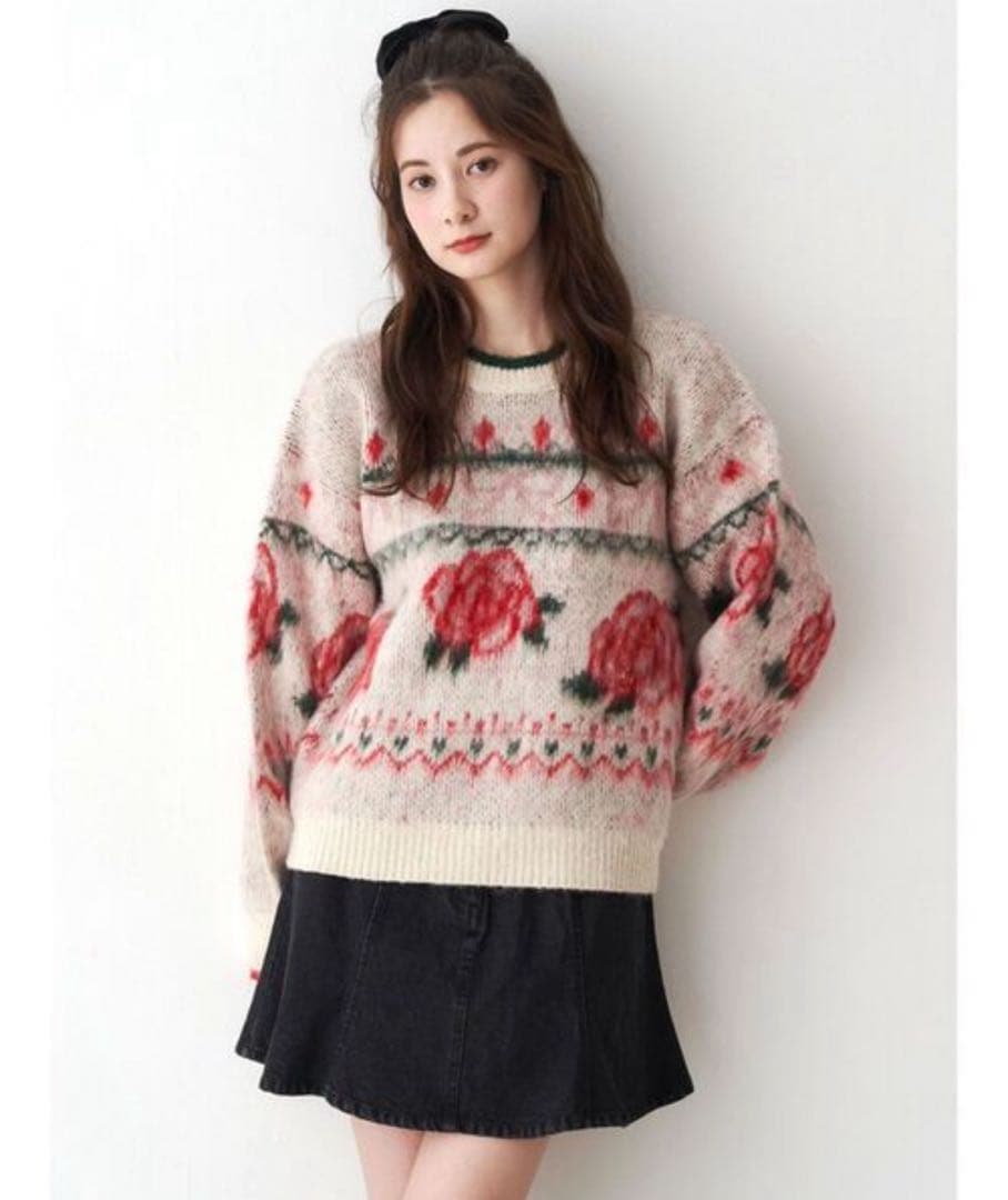 CALNAMUR ニット セーター ローズ＆リボンジャガードニット レディース