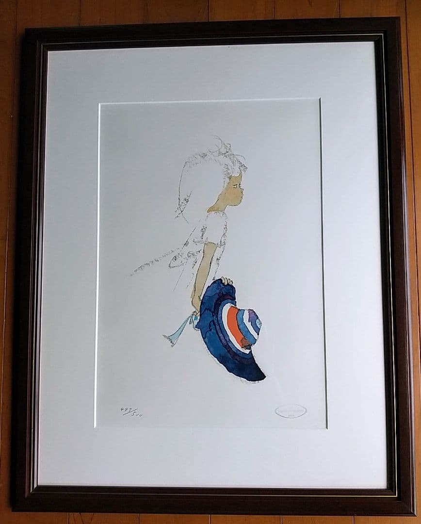 【限定品】いわさきちひろ石版画「青いつば広帽子を持つ少女」