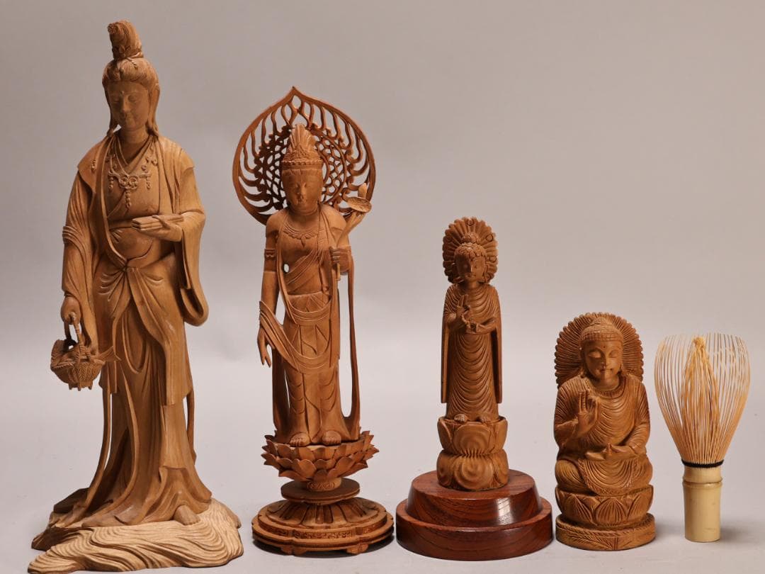 BK438　木彫　黄楊製　魚籃観音　　木製　聖観音菩薩　阿弥陀如来　４対