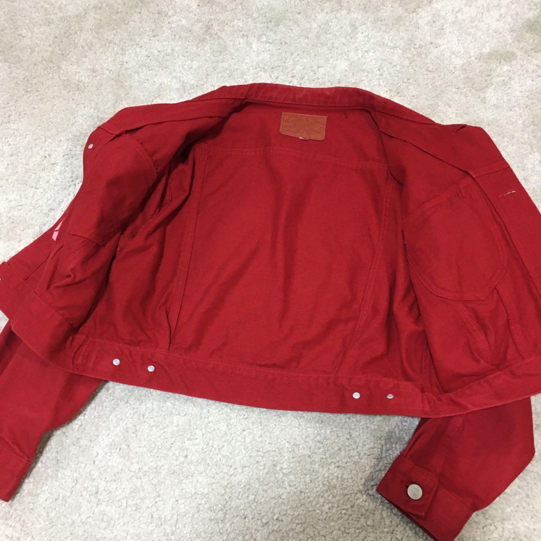 ヴィンテージ クロップド デニムジャケット 赤 短丈 後染め ガーメント