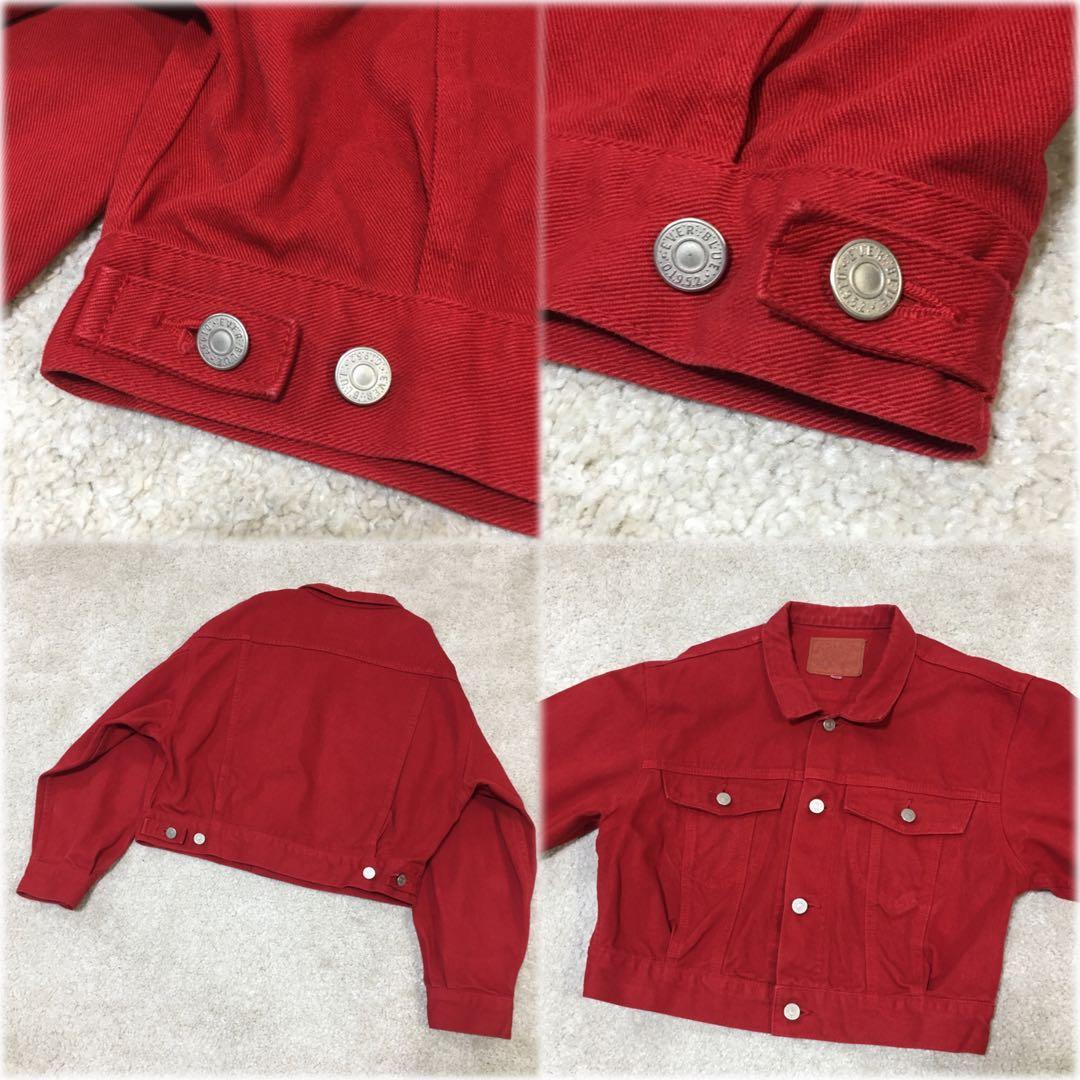 ヴィンテージ クロップド デニムジャケット 赤 短丈 後染め ガーメント