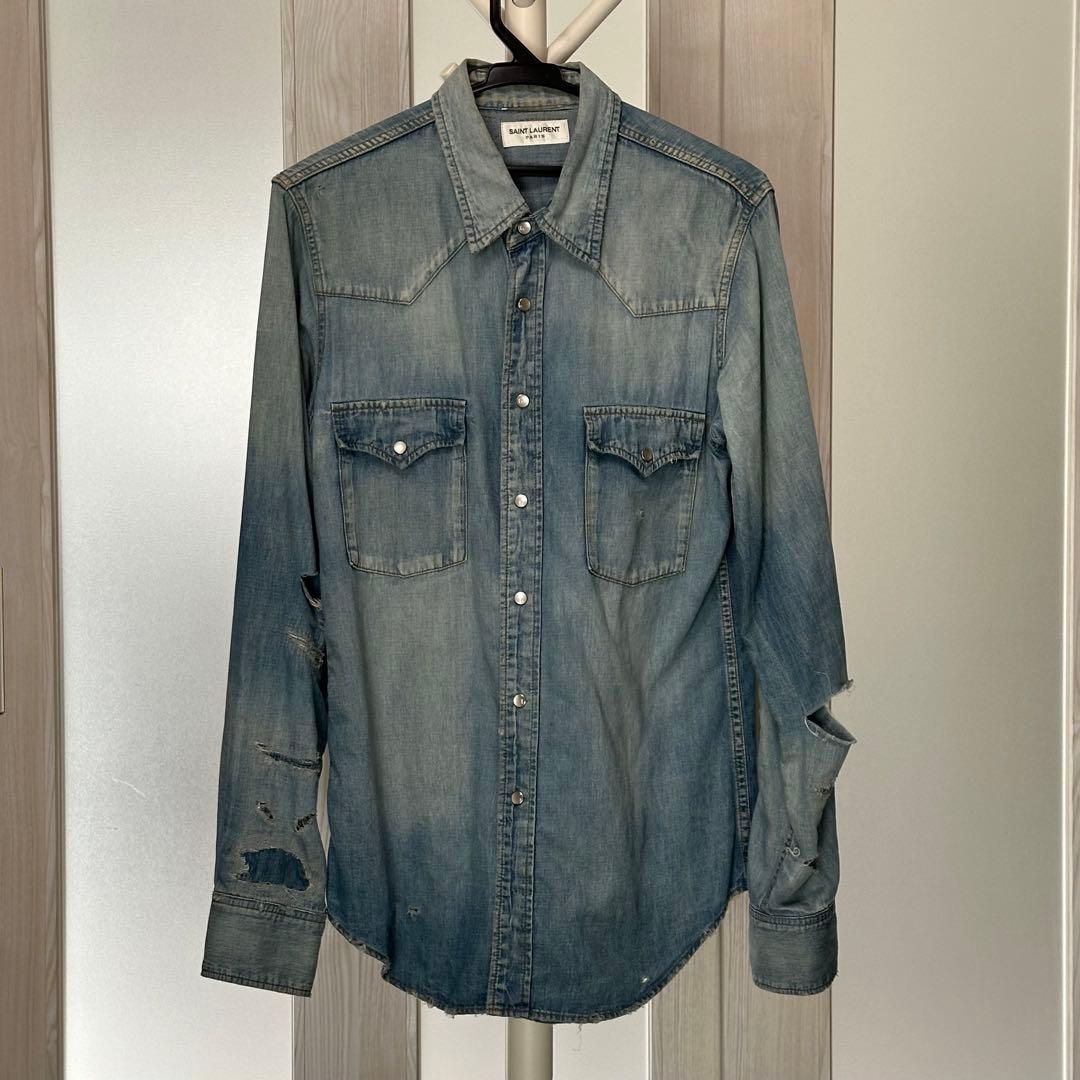 サンローラン エディ期 SAINT LAURENT クラッシュデニムシャツ 青
