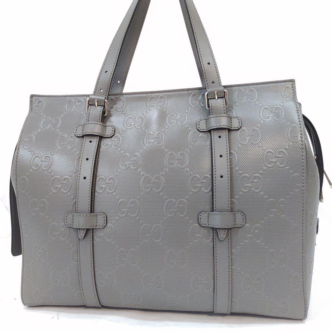 【極美品】グッチ GGエンボス トートバッグ レザー A4可 肩掛 グレー