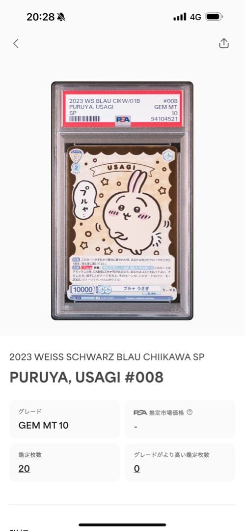 ちいかわ ヴァイスシュヴァルツブラウ プルャ うさぎ SP PSA10 - メルカリ