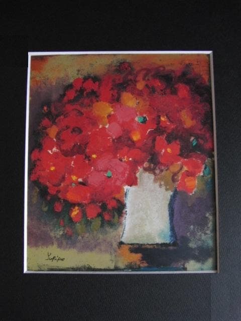 首藤百合子、【赤い花】、希少な大判額装用画集より、美品、日本人画家