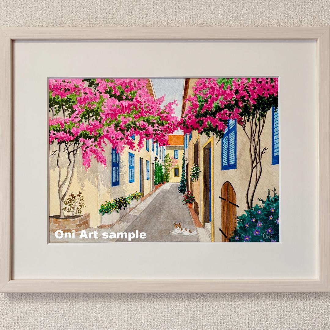 透明水彩画　原画　「花の咲く路地05」額縁付き　F4サイズ　風景画 花の咲く路地01」透明水彩画 原画 風景画 額縁付 F4サイズ 絵画 Oni
