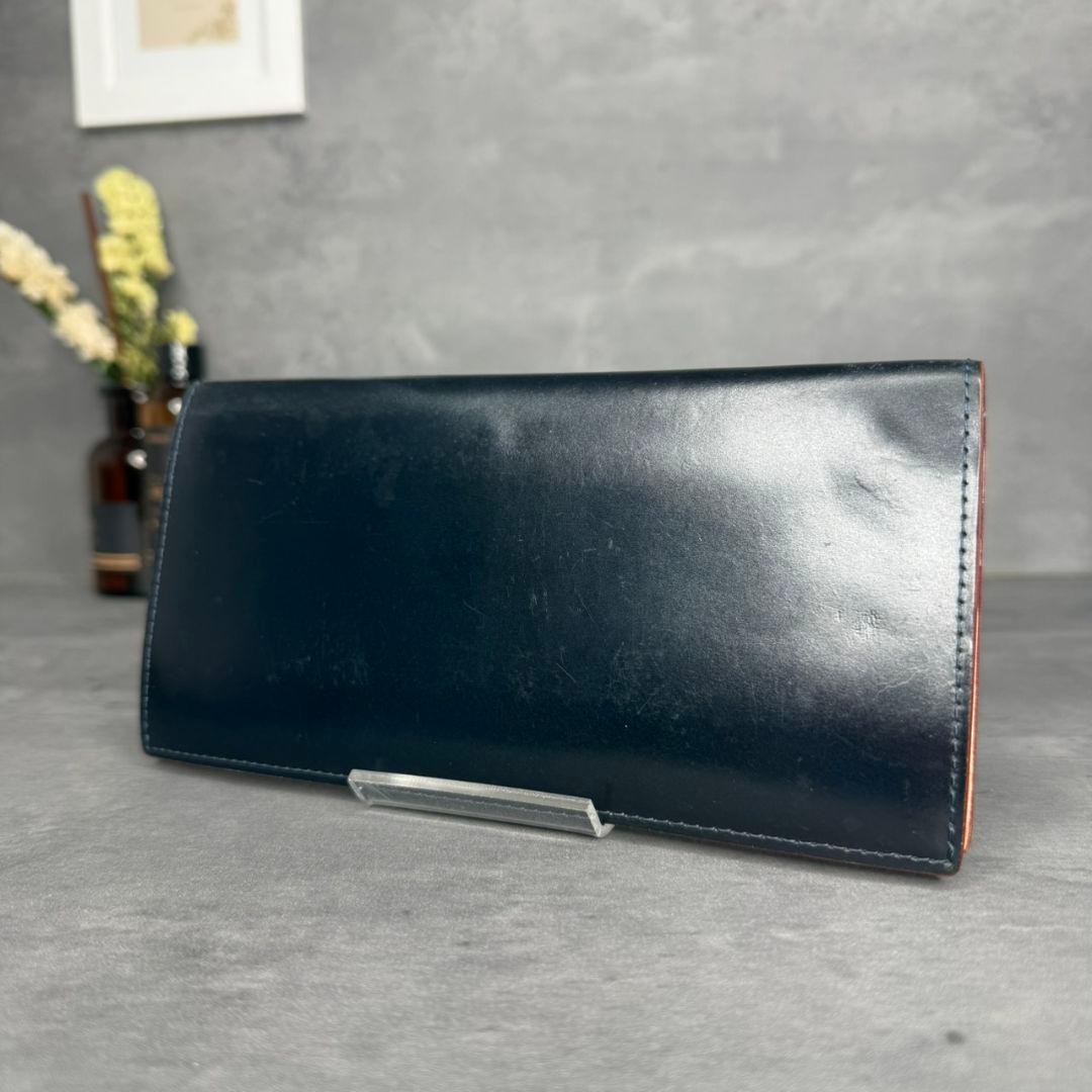 【美品】GANZO コードバン V字マチ 長財布 小銭入れ付き ダークネイビー