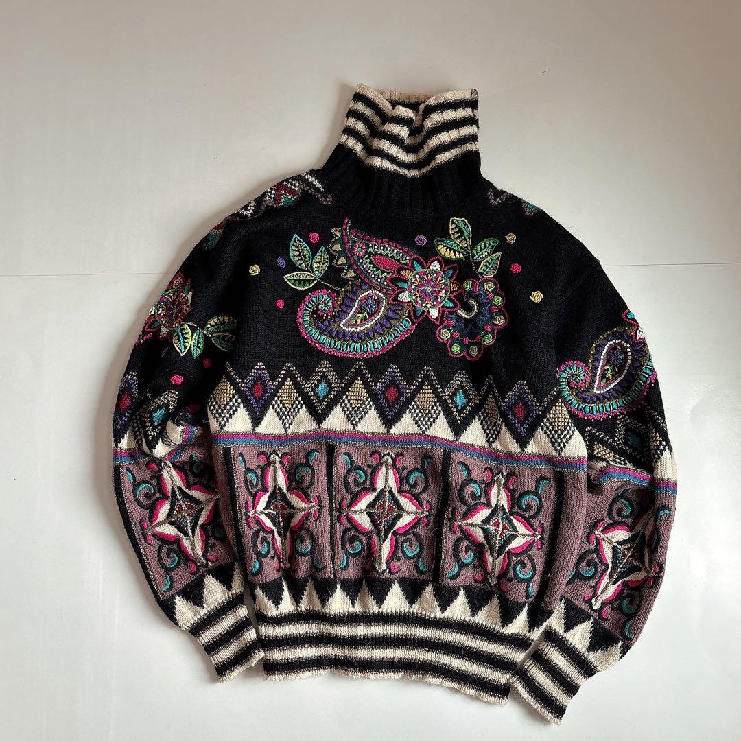 希少 ヴィンテージ 当時物 ヨシユキコニシ ペイズリー ハンドニット タートル