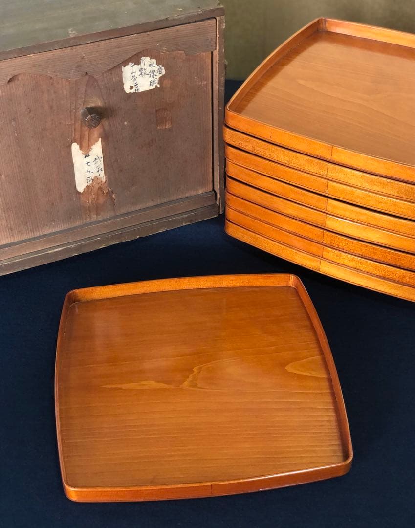 《R》春慶塗 胴張 折敷9客 四方膳 銘々膳 木製漆器 木箱　260203く4