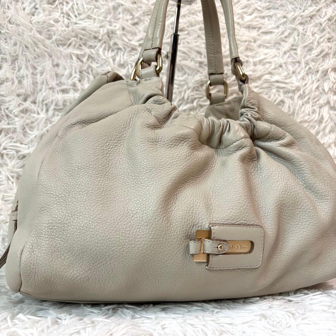 美品✨マックスマーラ ハンドバッグ 巾着 総柄 ロゴプレート ゴールド金具 本革