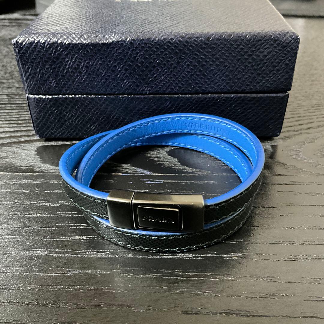 PRADA サフィアーノ　ブルー　レザー ダブル　ブレスレット