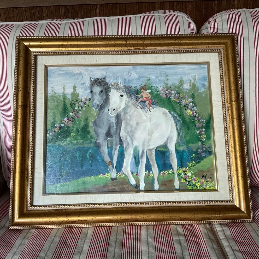 絵画 油絵 板谷モア 二頭の馬とキューピッド 額装 サイン 限定作品