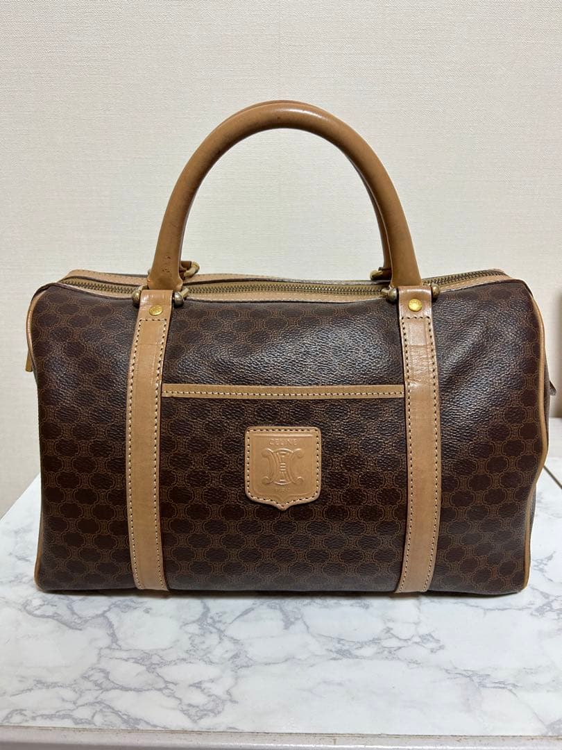 【良品】セリーヌ マカダム柄 ミニボストン ハンドバッグ レザー ブラウン