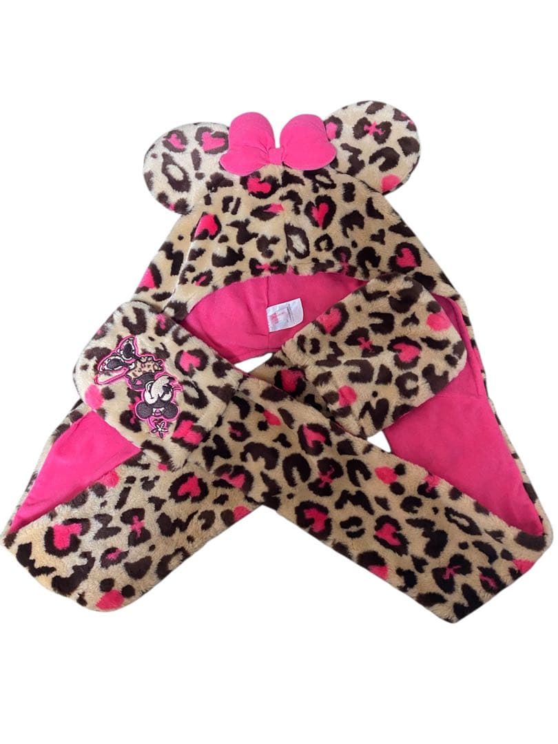 ミニーマウスマフラー　ヒョウ柄帽子