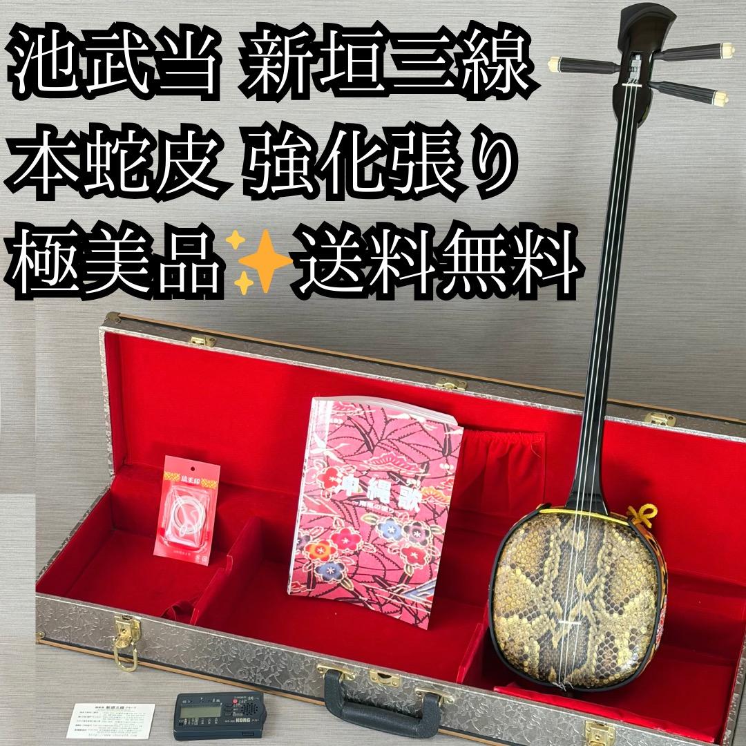 極美品✨沖縄三線 本蛇皮強化張り 池武当 新垣三線 ハードケース付 送料無料
