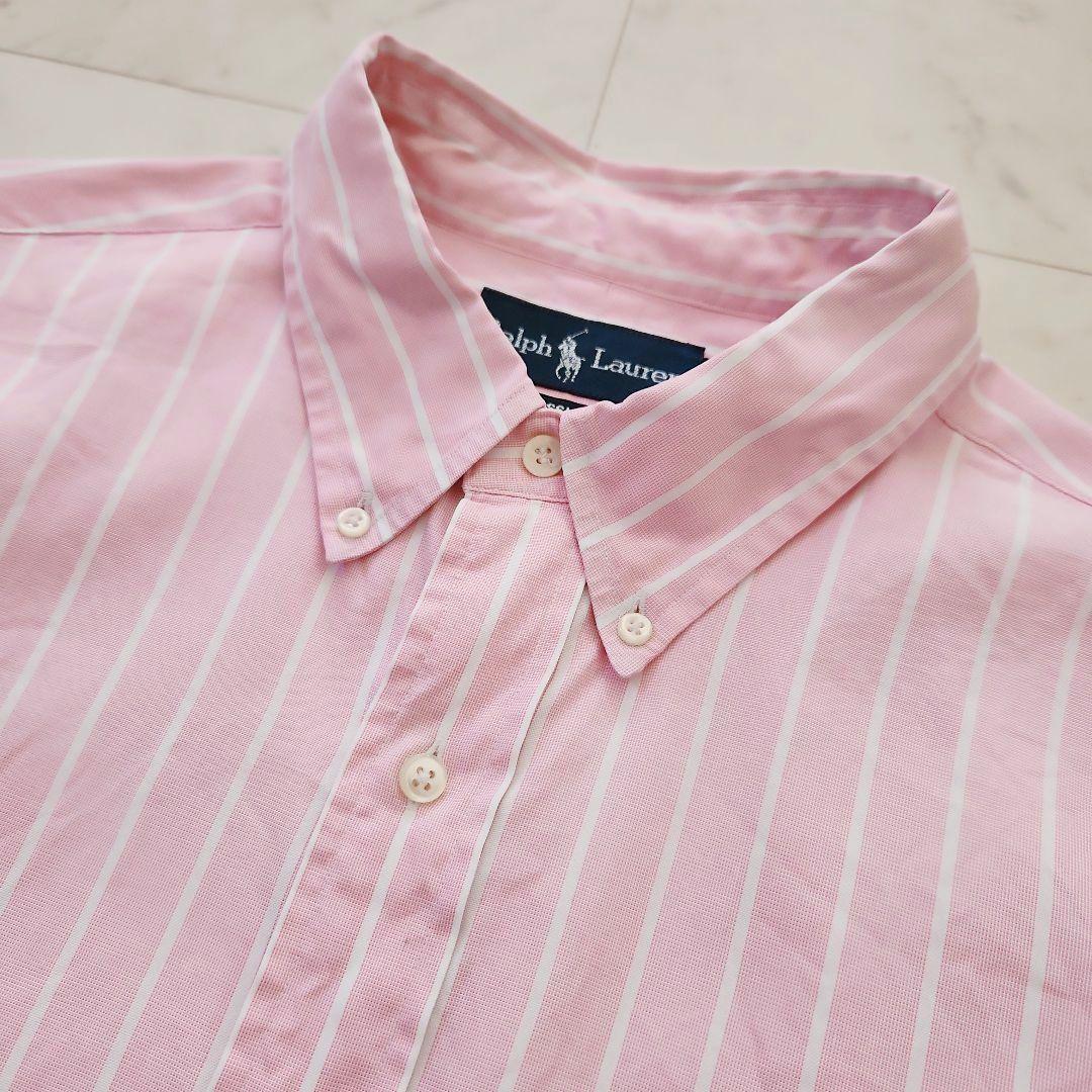 美品 ラルフローレン 長袖シャツ ポニー刺繍 ピンク ストライプ 綿100