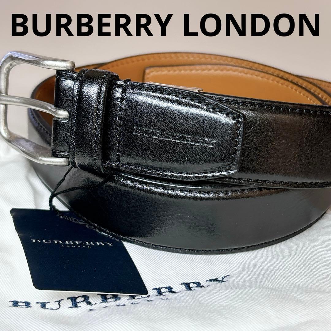 未使用 タグ付き BURBERRY 牛革 レザー ベルト 黒 袋付き