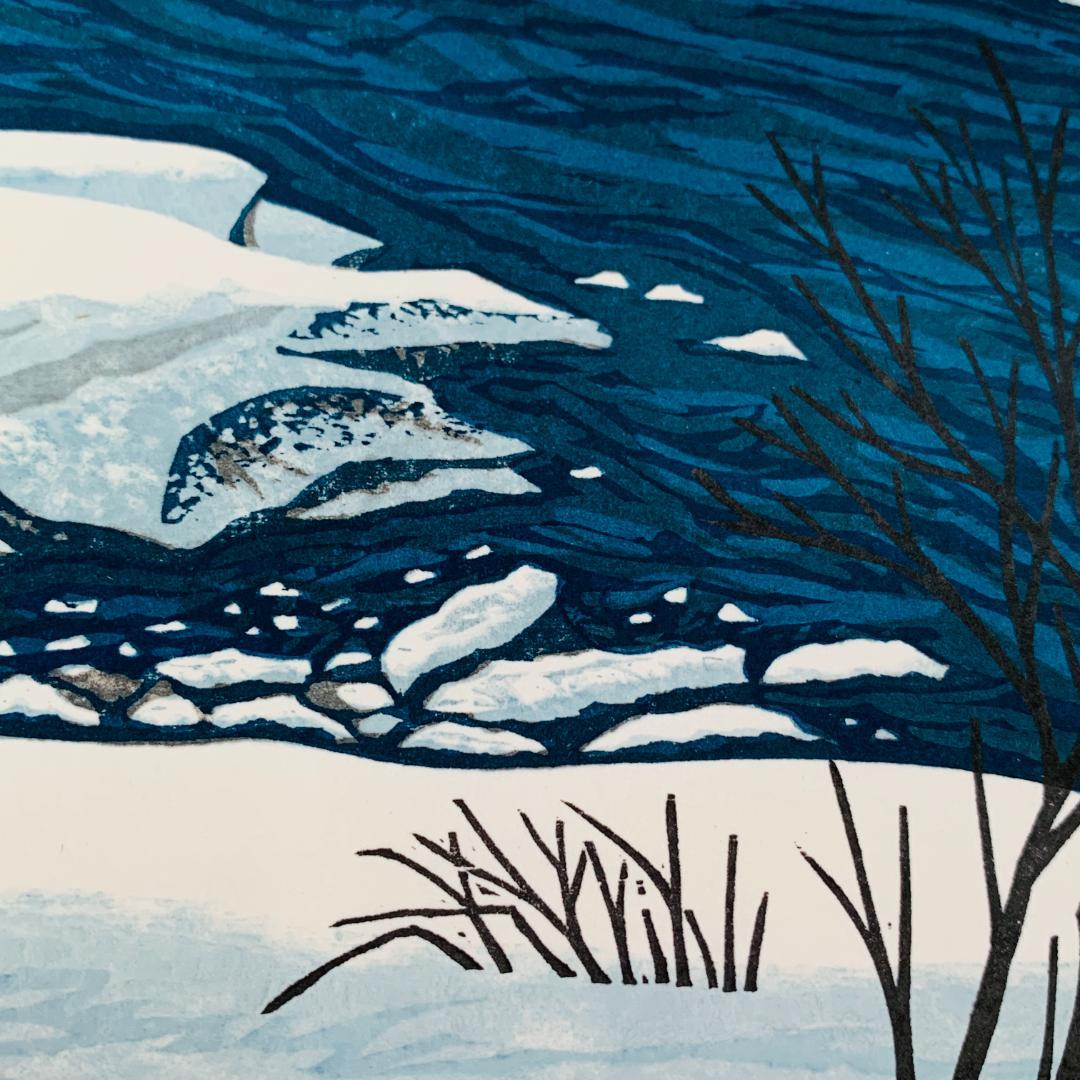 真作保証 中野章 『冬の川』 木版画 額装 直筆 サイン入 A.P. 限定