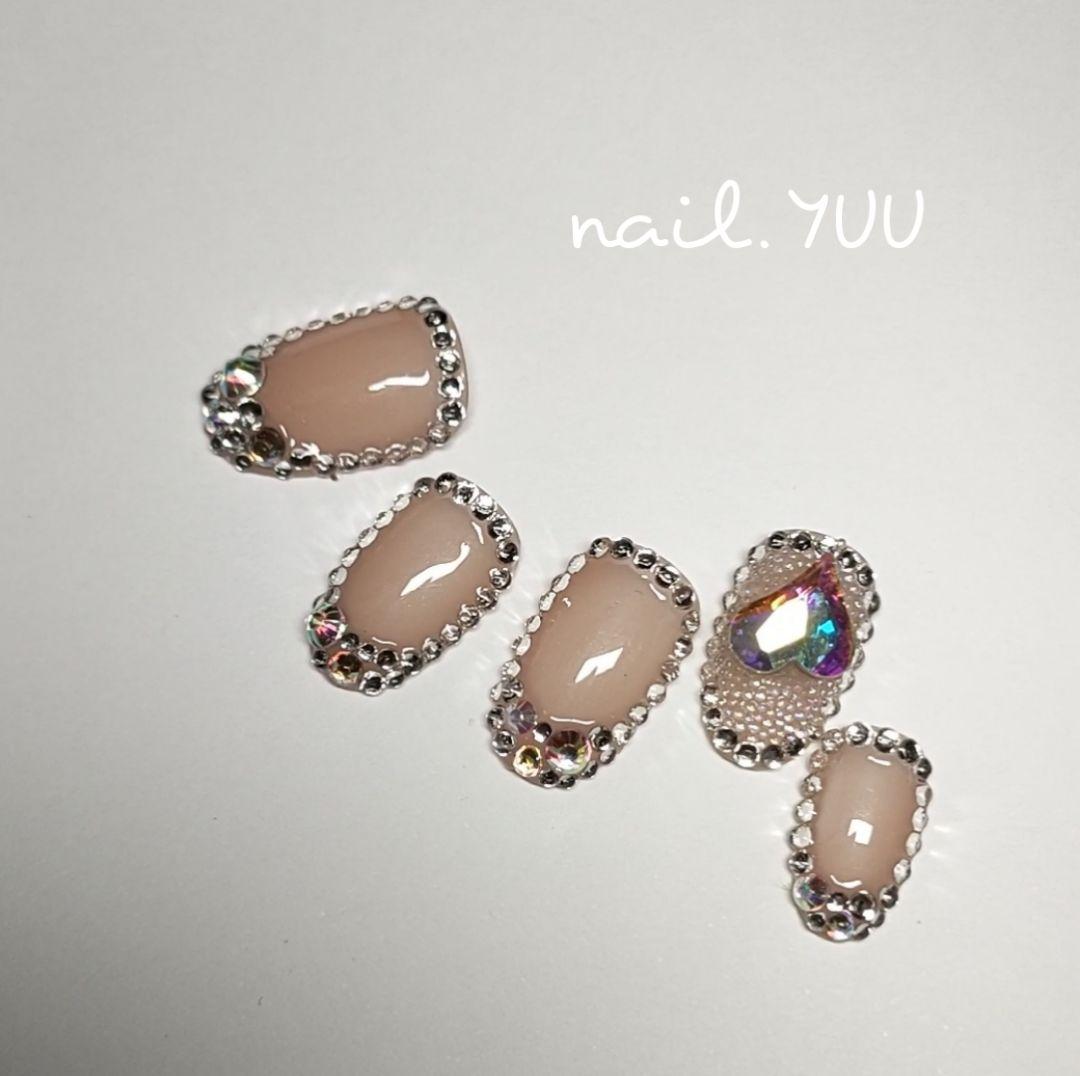 ネイルチップオーダー ストーン埋めつくし フレンチネイル ハートネイル韓国