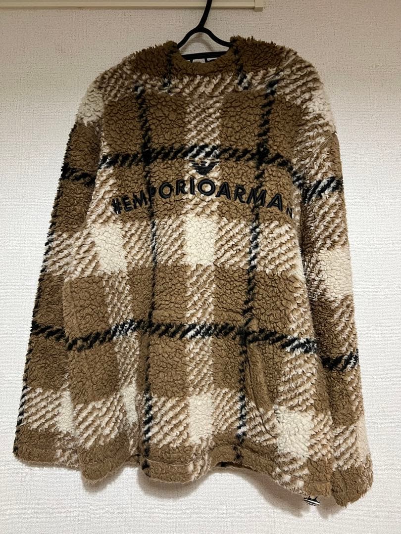 エンポリオアルマーニ フード付 ボアフリース プルオーバー チェック柄 ブラウン