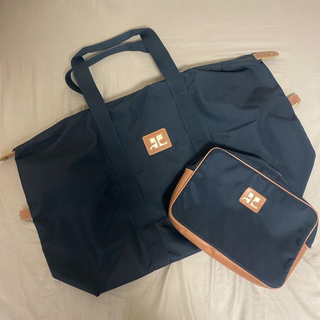 courreges クレージュ ボストンバッグ 大容量 ナイロン ポーチ付き 黒