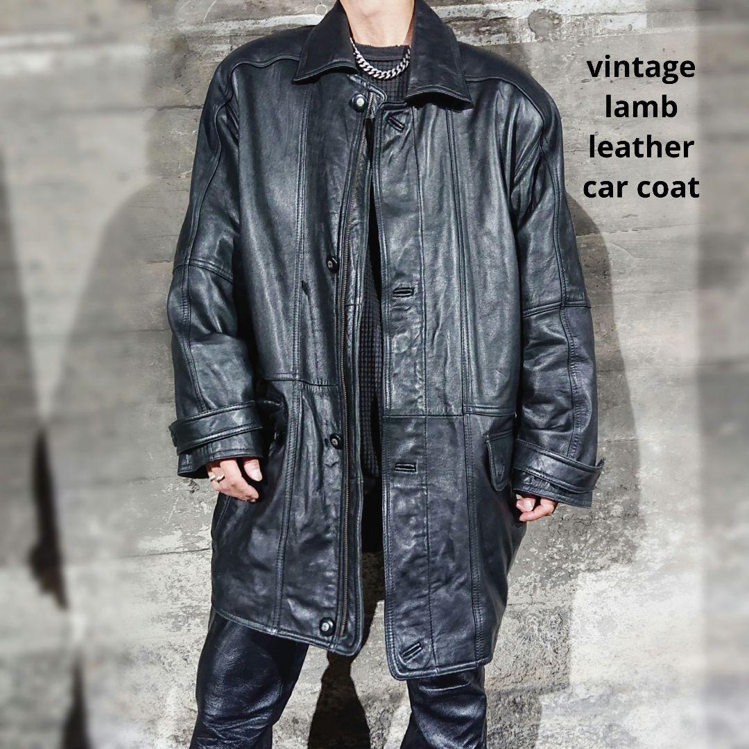 ヴィンテージ レザーカーコートジャケット コート 黒 羊革 ラム メンズ