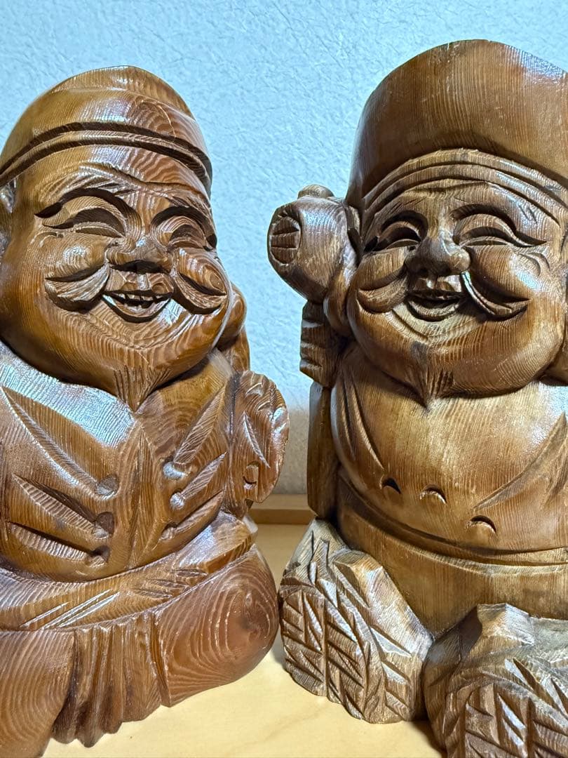 縁起物【木彫り 七福神（恵比寿様・大黒様）2体セット／高さ約20cm