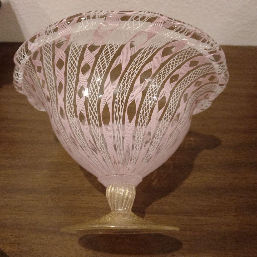 ベネチアンガラス　ムラノ　MURANO　コンポート　ピンク　レース　インテリア ベネチアンガラス ムラーノ レース飾り瓶 ピンクと金彩 パフューム