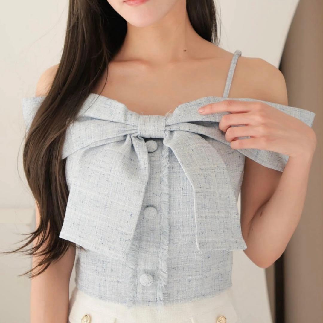 LIP SERVICE　ツイードリボンオフショルトップス　ブルー