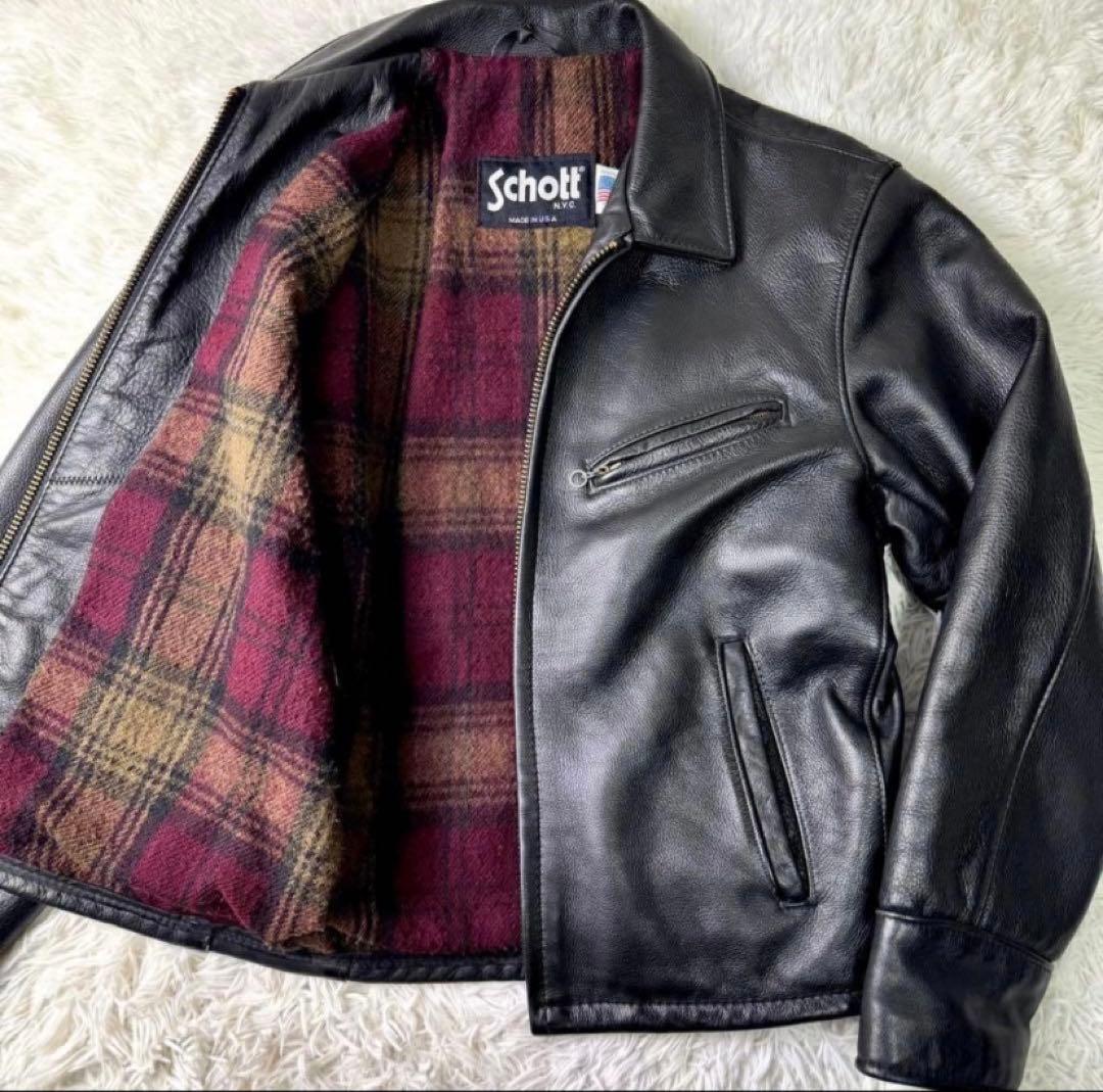 Schott ブラック レザー シングルライダースジャケット